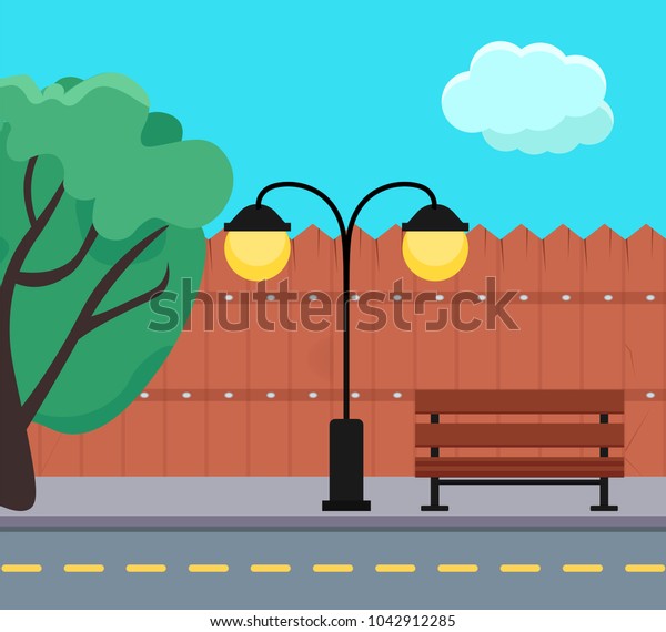 Street\
background. Urban landscape. Fence, tree, bench, double modern\
street lamp, road. Illustration of the city for games, banners, the\
web. Flat vector illustration. Isolated on\
white.