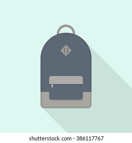 Street backpack. School backpack. Blue backpack. Isolated backpack on blue background. Backpack with long shadow. Backpack flat icon