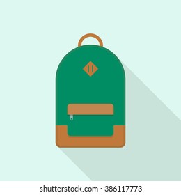Street backpack. School backpack. Green backpack. Isolated backpack on blue background. Backpack with long shadow. Backpack flat icon