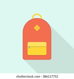 Street backpack. School backpack. Red backpack. Isolated backpack on blue background. Backpack with long shadow. Backpack flat icon