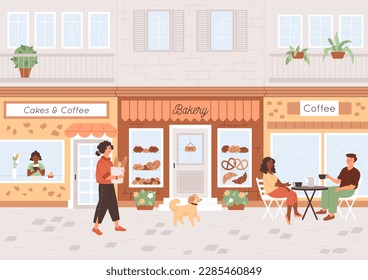 Calle con panadería, bollería en la ventana, chica caminando con la compra de pan y con perro en la ciudad. Pareja sentada en una cafetería al aire libre y tomando café. Las mujeres comiendo pastel. Ilustración urbana acogedora del vector.