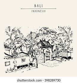 A street in Bali, Indonesia, Southeast Asia. Hand drawing. Travel sketch. Book illustration, postcard or poster template in vector