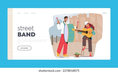 Street Band Landing Page Template. Musical Performance with Musicians Man and Woman Perform Outdoor Show with Drum and Guitar. People Playing Music In Park. Cartoon Vector Illustration