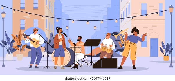 Street band música desempenho ao ar livre concerto músicos tocando instrumentos urbano paisagem urbana plantas de fundo luzes de corda banner plano moderno