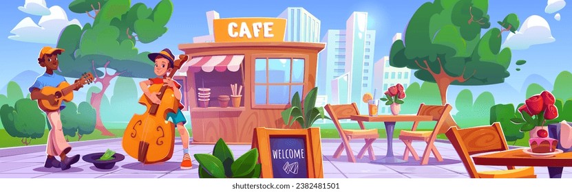 Street band performing near cafe in summer park. Vector cartoon illustration of musicians playing guitar, contrabass in public garden, tables and chairs near outdoor coffee shop, cityscape background