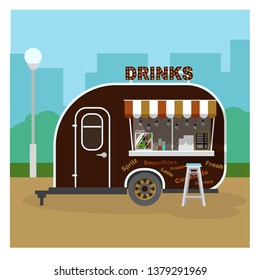 Street bar with drinks and refreshing beverages. Beach restaurant in food van sailing fruit shakes, ice-cream and cocktails. vector cartoon illustration