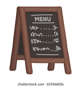 Street bar menu.A sign with the tasty dishes in the street. Pub single icon in cartoon style vector symbol stock illustration.