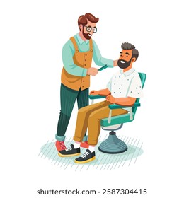 Street barber cutting hair of his client, flat illustration 
