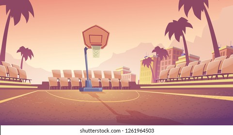 Street basketball court, city public stadium for team games cartoon vector. Empty outdoor sport field with basketball hoop and seats for fans illustration. Seacoast resort sport actives infrastructure