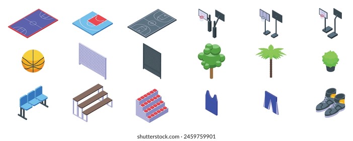 Street basketball court icons set isometric vector. Outdoor arena. Game town