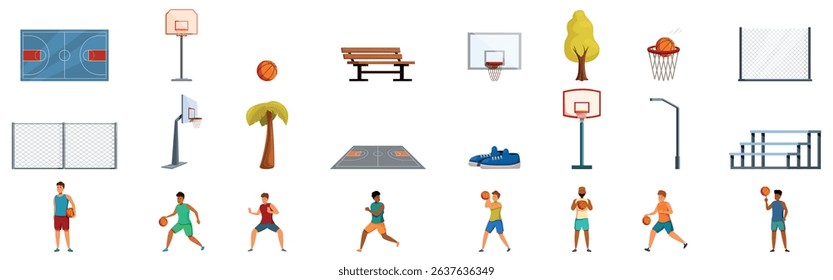 Street basketball court icons set. Basketball icons set showcasing players practicing, courts, equipment, and elements of the game, capturing the energy and excitement of the sport