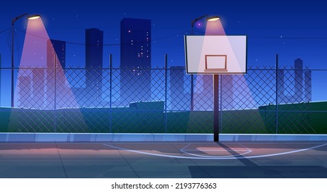 Street Basketball Court In Night City, Cartoon Illustration. Vector Design Of Outdoor Sports Playground With Ring On Shield, Illuminated By Lanterns Against Dark Cityscape Background. Urban Workout