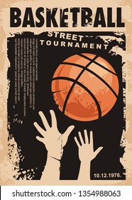 Street basketball grunge poster design layout. Street ball game retro flyer template. Basketball tournament vector banner. Urban artistic sport leaflet.