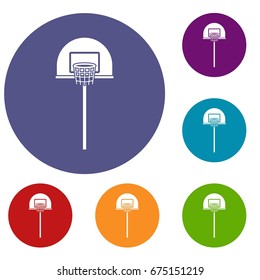 Street basketball hoop icons set in flat circle reb, blue and green color for web