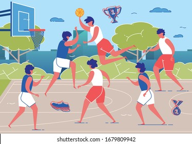Street Basketball Players Playing with Ball on Outdoor Court or Park Playground Flat Cartoon Vector Illustration. Modern City Sport Summertime Activities Concept. Team Competing. Trophy.