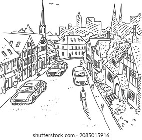 Street in Bavaria - sketchy hand-drawn vector illustrations. 