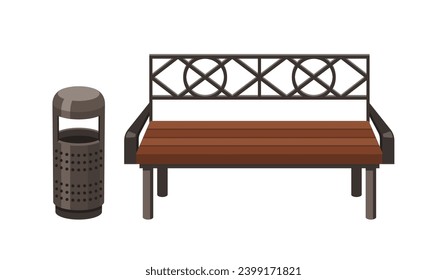 Street Bench with forged back and wooden Seat, Accompanied By A Nearby Garbage Bin, Promoting Cleanliness