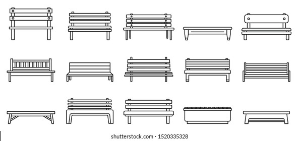 Street bench icons set. Outline set of street bench vector icons for web design isolated on white background