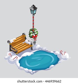 Street bench near city light, and a small frozen lake. Christmas decorations. Vector illustration.