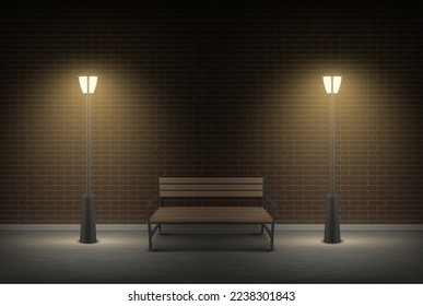 Street bench night with two lantern outdoor building brick wall at darkness realistic vector illustration. Evening city house streetlight outside architecture public evening space with glowing light