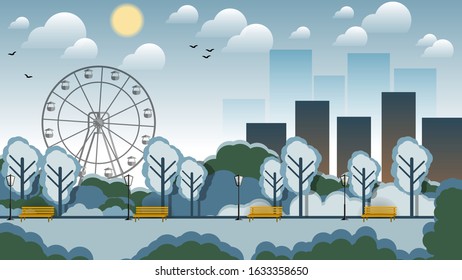 a street with benches and lanterns on the background of bushes, trees, a Ferris wheel, skyscrapers, the sky with silhouettes of flying birds, the sun and clouds. city landscape. vector