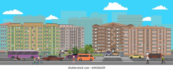 Street of the big city. Vector illustration, a flat style design