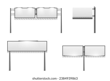 Straßenplakate mit weißem Blindbanner und Lampen auf metallischen Säulen. Realistische Vektorgrafik-Set von Outdoor-Roadboard für Werbezeichen. Horizontale Beschilderungsfeld-Vorlage.