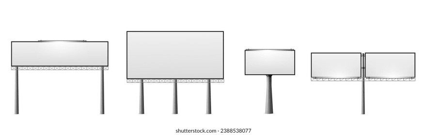 Street billboard mockup with blank white banner and lamps on metallic pillars. Realistic vector illustration set of outdoor road board for advertising sign. Horizontal signage panel template.