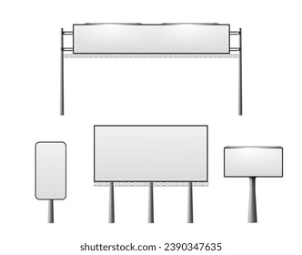 Cartel de la calle en tono de burla con banner blanco en blanco y lámparas sobre pilares metálicos. Ilustración vectorial realista conjunto de caravanas exteriores para el cartel publicitario. Plantilla del panel de señalización horizontal.