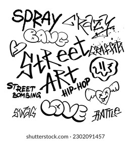 Street black graffiti lettering elements in the grunge style with tags a white background . Urban savage spray paint art. Set creative vector design teenage for tee t shirt or sweatshirt. 