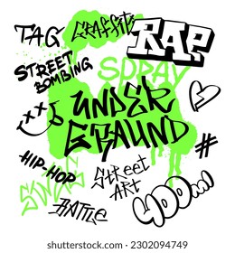 Street black graffiti underground lettering elements in the grunge style with tags a green background. Urban savage spray paint art. Set creative vector design teenage for tee t shirt or sweatshirt. 