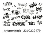 Street black graffiti. Vector set of urban typography art graffiti lettering, spray effect, signs, tags, grunge font. Paint art with drips, splashes and blobs for print, web, wall decorations, T-shirt