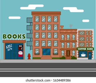 street with book shop and coffee