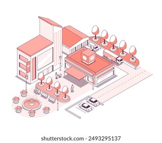 Street with boutiques and shops - vector isometric illustration. Shopping center, mall, buyer with grocery cart, goods warehouse with shipping trucks, parking spots, fountain and park area with trees