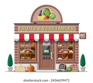 Street brick shop building exterior. Fruit and vegetable store facade. Fresh organic food products. Cucumber tomato pumpkin garlic onion carrot corn pepper banana. Vector illustration in flat style