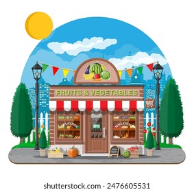 Street brick shop building exterior. Fruit and vegetable store. Fresh organic food products. Cucumber tomato pumpkin carrot corn pepper banana. Nature cityscape panorama. Flat vector illustration