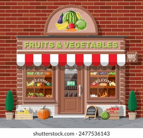 Edificio de la tienda de ladrillos de la calle exterior. Fachada de tienda de frutas y verduras. Productos alimenticios orgánicos frescos. Tomate pepino calabaza ajo cebolla zanahoria maíz pimiento plátano. Ilustración vectorial en estilo plano