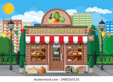 Street brick shop building exterior. Fruit and vegetable store. Fresh organic food products. Cucumber tomato pumpkin carrot corn pepper banana. Nature cityscape panorama. Flat vector illustration