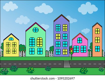 Street with bright houses. Vector graphics. Transformable illustration.