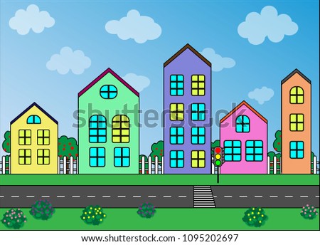 Street with bright houses. Vector graphics. Transformable illustration.