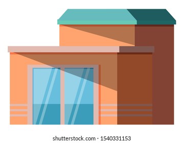 Street building facade, isolated construction with glass door vector. Shop or store and boutique, town or city architecture, front wall and entrance