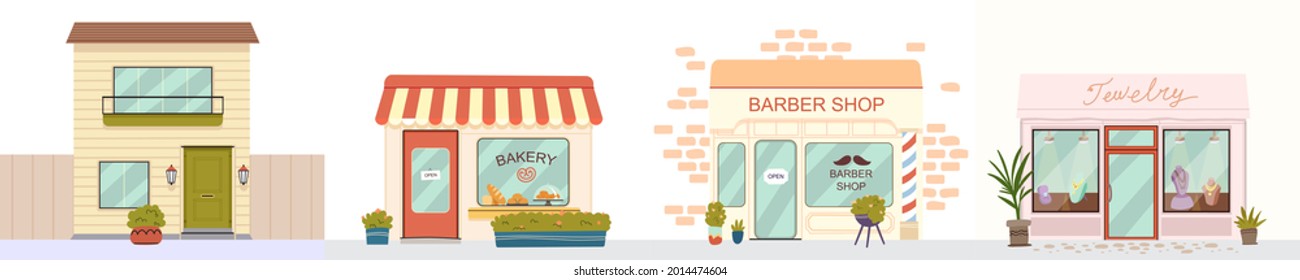 Street building facade of shops and houses set. City commercial real estate bakery, barber shop, jewelry. Urban architecture exterior retail showcase. Window and door entrance town store flat vector