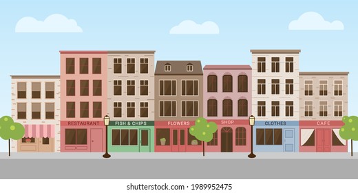 Street buildings banner. City houses view skyline. Modern background. Flat vector illustration. Cityscape without people. Urban greenery. Empty road landscape. European exterior. Brick walls.