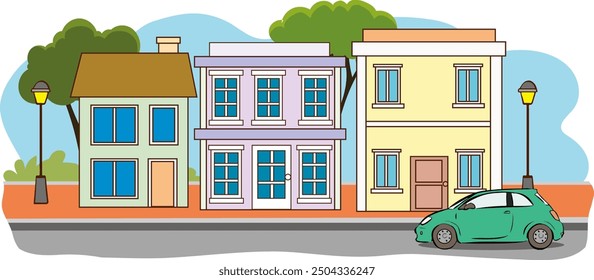 Street buildings banner. Town houses landscape silhouette. Modern background. Flat vector illustration. Cityscape without people.