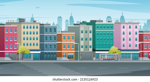 Street buildings and houses with crosswalks in the city.
