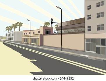 street with buildings, street lamps on background solar sky