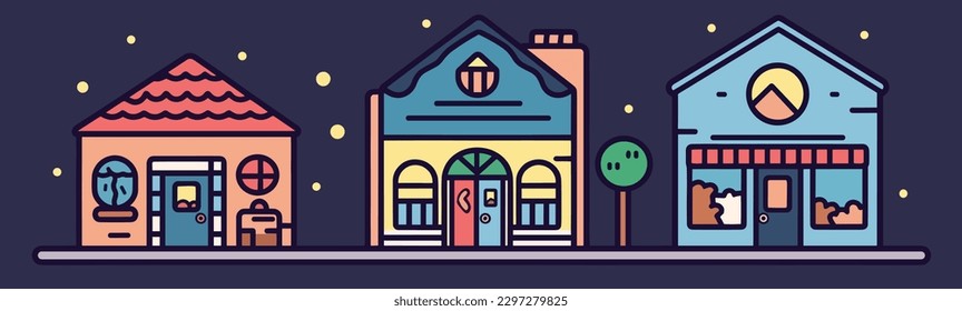 Street of buildings at night background vector illustration