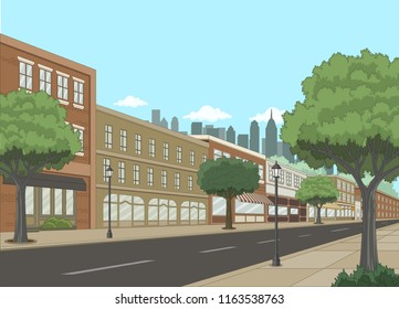 Street with buildings and trees. Big city landscape.
