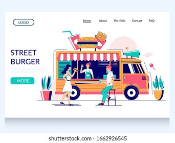 Street burger vector website template, web page and landing page design for website and mobile site development. Fast food truck with big burger on roof, street food van.