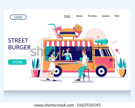 Street burger vector website template, web page and landing page design for website and mobile site development. Fast food truck with big burger on roof, street food van.